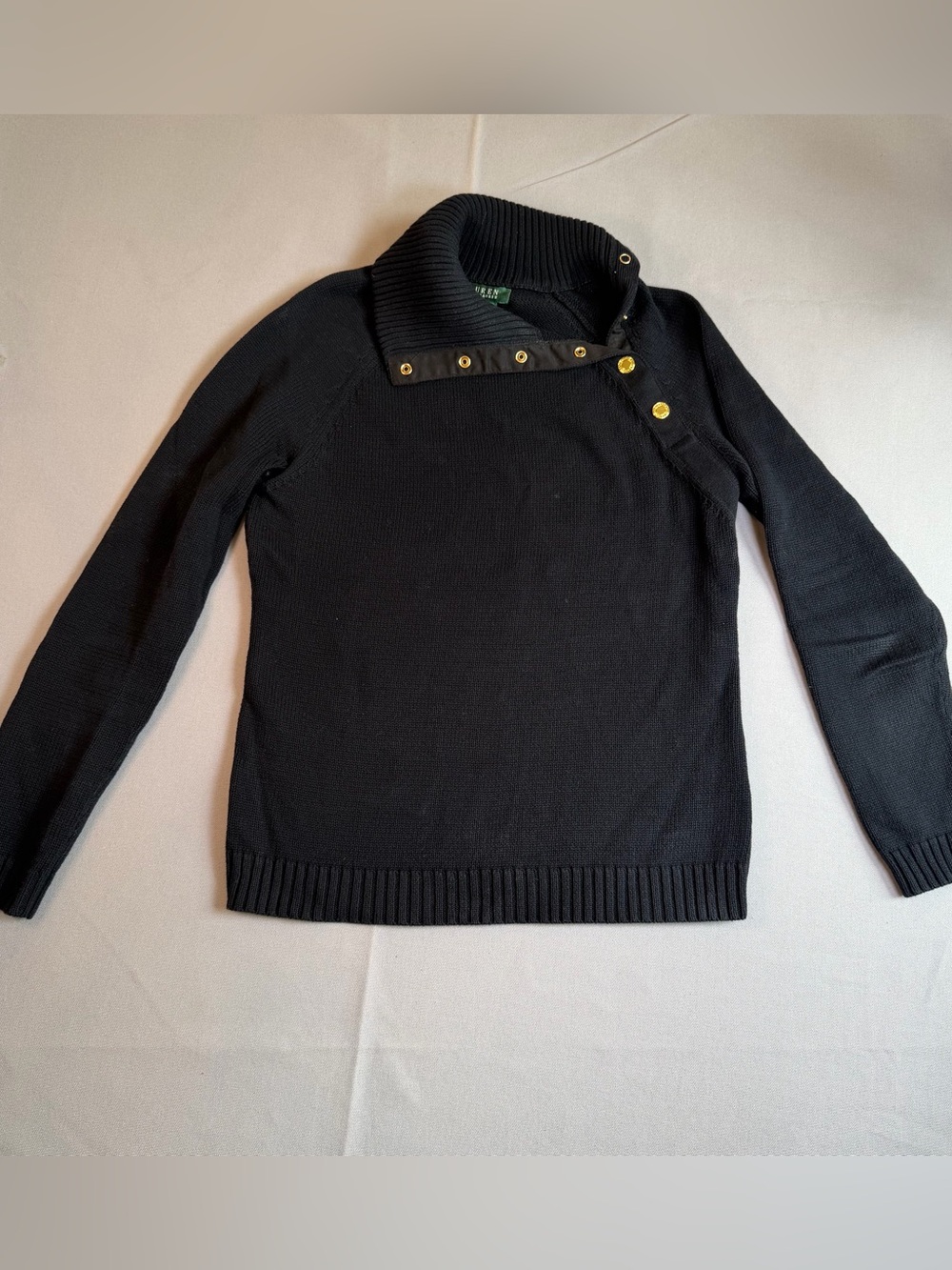 Lauren Ralph Lauren Women’s szS Black HighNeck Sweater Gold Button Accent Cotton